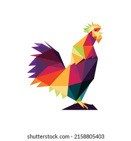 Colorful Crowing Rooster In Polygon. Colorful Abstract Rooster Icon. Crowing Rooster Full Color Low Poly