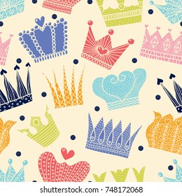 Colorful crown. Cute seamless pattern.