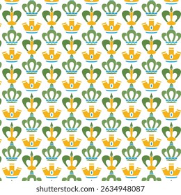 Colorful crown pattern seamlessly repeating on a white background for various design purposes