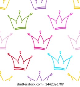 Colorful crown seamless on white background. Princess doodle crown. Seamless hand drawn cartoon illustration.