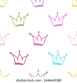 Colorful crown seamless on white background. Princess doodle crown. Seamless hand drawn cartoon illustration.