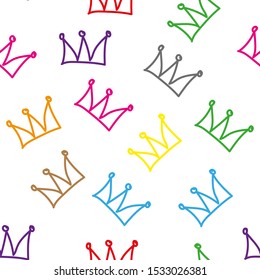 Colorful crown seamless on white background. Princess doodle crown. Seamless hand drawn cartoon illustration.