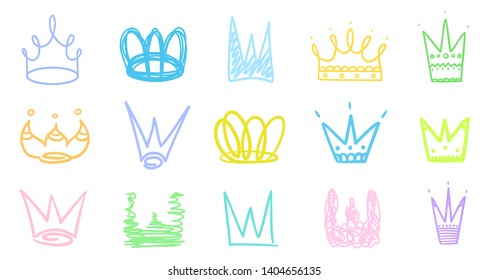 Colorful crowns on white. Hand drawn simple objects. Line art. Outline elements for your design