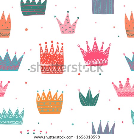 Colorful crowns seamless pattern. Tiaras repeated print. Girlish repeat ornament for fashion textile, clothes, wrapping paper. Princess elements
