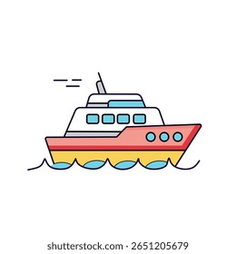 
Colorido navio de cruzeiro ou ícone de balsa em ondas. Perfeito para projetos de viagem, férias ou transporte marítimo.