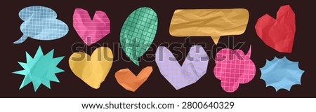 Colorful crumpled paper speech bubble set. Cute empty text box and heart-shaped stickers for kids design, scrapbook collages and social media backgrounds. Vector illustration.