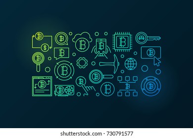 Colorful cryptocurrency horizontal banner - vector bitcoin mining concept linear illustration on dark background