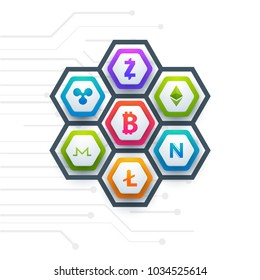 Colorful cryptocurries on white background.