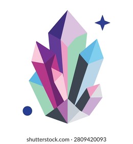 Colorful crystal cluster shining brightly with vibrant purple pink blue and green facets