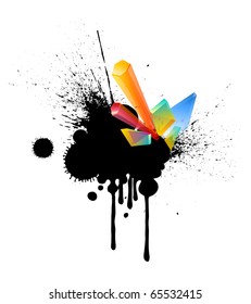 elementos de cristal colorido sobre fondo vectorial abstracto de salpicadura negra, eps10