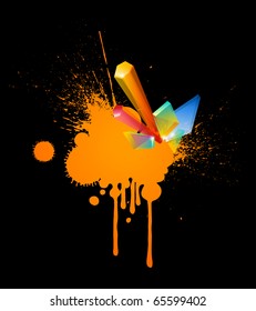 elementos de cristal colorido sobre fondo vectorial abstracto de salpicadura naranja, eps10