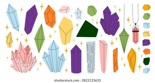 Colorful crystal and gemstone set with quartz cluster, mineral tower and pendant on white background. Multicolor gem collection with amethyst, rose quartz and star sparkle. Flat vector illustration