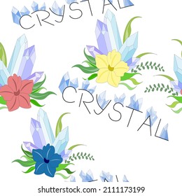 Colorful crystal seamless repeating large pattern with precious stones, mineral crystals and red, blue flower and leaves, vector illustration for textiles, interior design, diary covers.