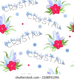 Colorful crystal seamless repeating pattern with large crystals of minerals, precious stones with red flower and leaves, vector illustration for textiles, interior design, notebook covers.