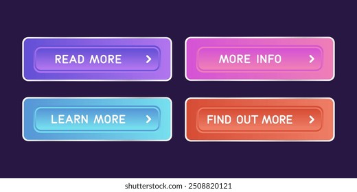 Colorful CTA buttons set: Read more, More info, Learn more, Find out more.