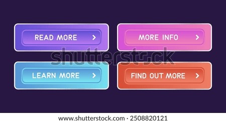 Colorful CTA buttons set: Read more, More info, Learn more, Find out more.