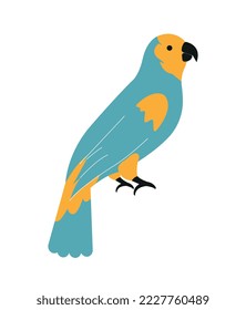 Colorful Cuban element. Sticker with beautiful blue tropical bird. Wild exotic parrot. Design element for sticker or print on paper. Cartoon flat vector illustration isolated on white background