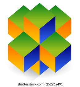 Colorful cube element. 3d tri-color geometric shape on white. Modern graphics / Icon for generic or development concepts.