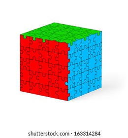 Colorful cube made of puzzle elements. Illustration on white background.  