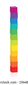 Colorful Cube Tower. Set Of 12 Colorful Cubes Sorted By Rainbow Colors, Stacked On Top Of Each Other. Isolated Vector Illustration On White Background.
