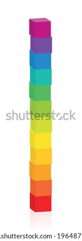 Colorful cube tower. Set of 12 colorful cubes sorted by rainbow colors, stacked on top of each other. Isolated vector illustration on white background.
