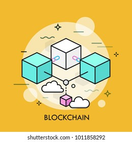 Colorful cubes or blocks connected by chain links. Concept of blockchain, technology of distributed digital transaction record. Creative vector illustration in thin line style for web banner, poster.