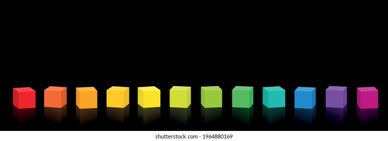 Colorful cubes. Set of 12 colorful cubes in a rainbow colored row. Isolated vector illustration on black background.
