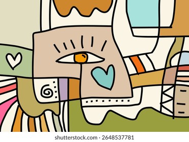 Colorful cubism-style abstract face composition featuring bold eyes