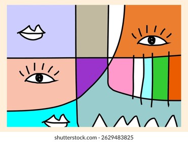 colorful cubist abstract illustration featuring expressive human faces with geometric patterns and bold lines. 