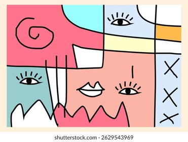 colorful cubist abstract illustration featuring expressive human faces with geometric patterns and bold lines. 
