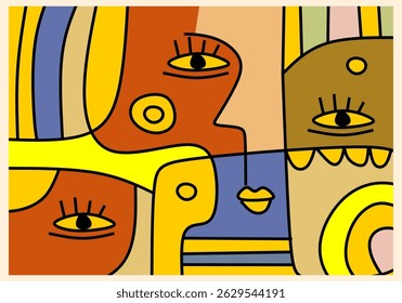 colorful cubist abstract illustration featuring expressive human faces with geometric patterns and bold lines. 