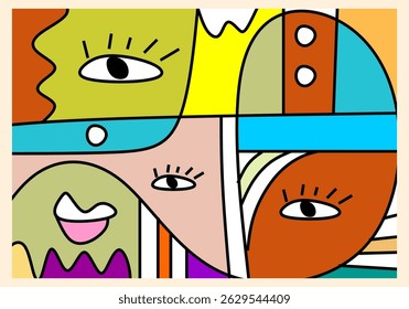 colorful cubist abstract illustration featuring expressive human faces with geometric patterns and bold lines. 