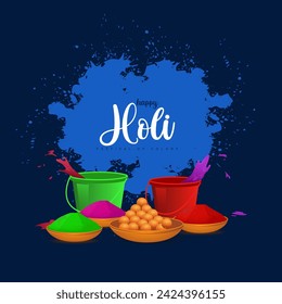 Colorful Cuisine Holi Wishes with a Red Bucket Full of Fun and Bowls Packed with Festive Snacks.Festival FusionVibrant Holi Greetings Displaying a Red Powder Bucket and Colorful Bowls of Delicious Joy