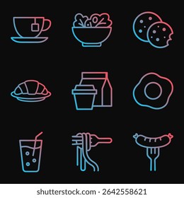 Colorful culinary icons arrayed on black. Icon symbol illustration
