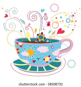 Colorful cup of coffee that represent happiness, feeling good, relaxation, enjoying simple pleasures of life.