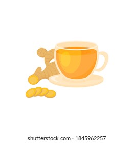 Colorful cup herbal tea on ginger, isolated on white background. Ayurveda herbal drink. Cartoon flat style. Vector illustration.
