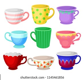 Colorful cup set, different tea or coffee cups vector Illustrations on a white background