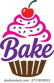 Diseño colorido del logotipo de la hornada de la magdalena con una cereza dulce en la parte superior, perfecto para las panaderías y los negocios del postre