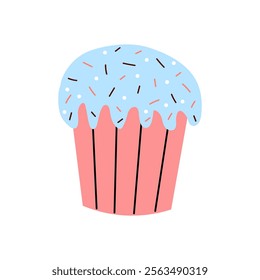 Colorful cupcake with blue frosting and sprinkles on a white background