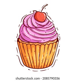 colorful cupcake with cherry topping. hand drawing style cupcake