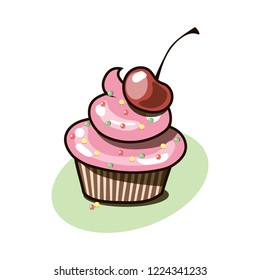 Colorful cupcake with cherry. Vector illustration.