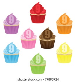 Colorful cupcake collection with a number 9 on them, for 9th Birthday.