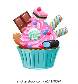 Colorful cupcake decorated with sweets and candies. Bakery vector illustration.