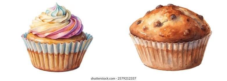 Colorful cupcake design, delicious muffin illustration, watercolor style, bakery art, dessert decoration, food photography.