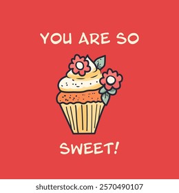 Colorful cupcake design with flowers. Valentine's day card