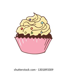 Colorful Cupcake, Hand Drawn Illustration, Isolated Vector
