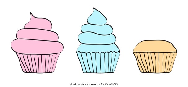 Colorful Cupcake Icon Illustration Set or Muffin Outline Abstract Collection