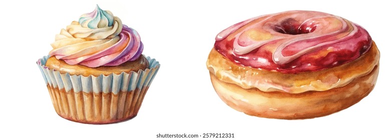 Colorful cupcake illustration, delicious donut design, watercolor style, sweet dessert art, vibrant food imagery.