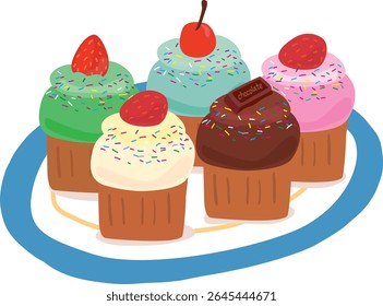 Conjunto de Ilustração Colorido de Bolinho | Vetor de sobremesa bonito com geada e coberturas