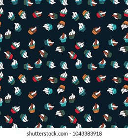 Colorful cupcake isolated for food poster design on blue, white and black. Seamless of cute vector cupcakes and muffins.